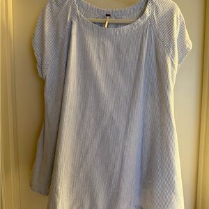 Free People Blue White Seersucker Stripe Pleated Coastal Blouse Size M